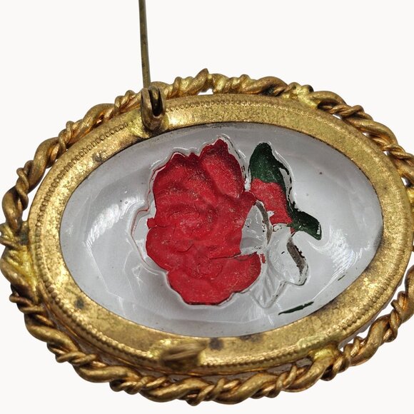 Vintage Gold-Toned Frame Clear Glass Red Handpainted Rose Brooch Fashion Jewelry - Picture 10 of 16